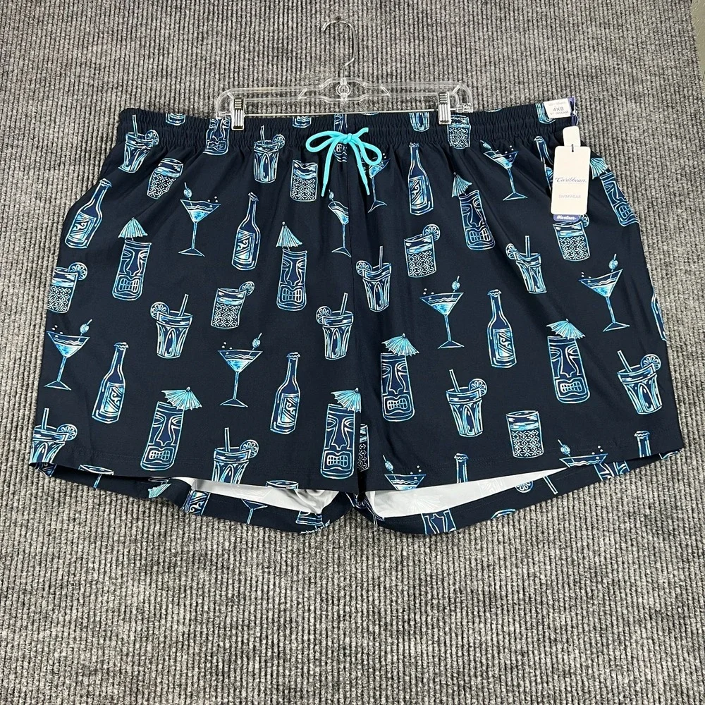 Caribbean‎ Swim Shorts Mens 4XB Big Blue Geometric Lined Ocean Beach Pool New